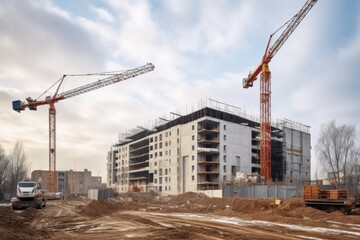 construction site with crane lifting heavy load into the air, created with generative ai