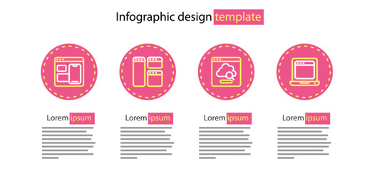 Set line Cloud technology data transfer, Laptop with browser window, Browser and Web developer programming code icon. Vector