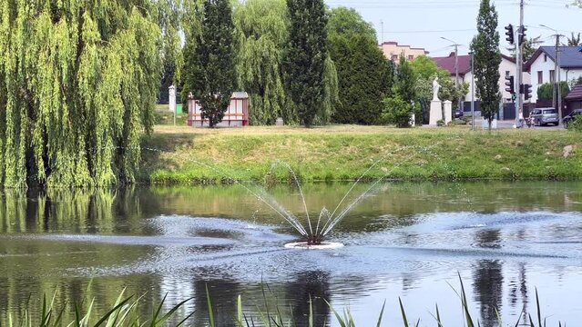City park landscape with lake and fountain. Brzeziny, Poland.