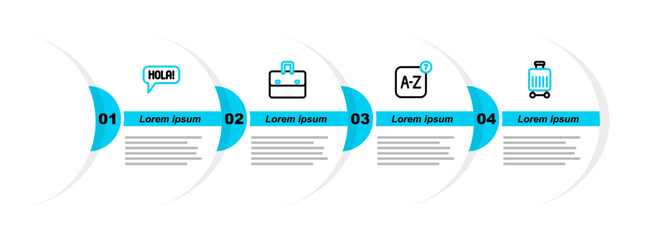 Set line Suitcase, Online translator, Briefcase and Hola different languages icon. Vector © vector_v