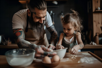 Father and daughter baking cookies, having fun in the kitchen - generative ai
