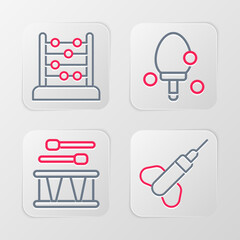 Set line Dart arrow, Drum with drum sticks, Racket and Abacus icon. Vector