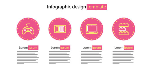 Set line Laptop, Toy building block bricks, Circus ticket and Gamepad icon. Vector