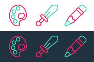 Set line Pencil with eraser, Palette and Sword toy icon. Vector