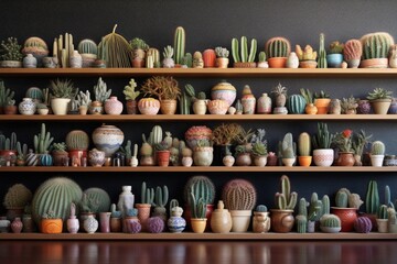cacti collection in decorative pots on shelves, created with generative ai