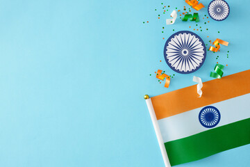 Enjoy the festivities on India Independence Day. Top view photo of national flag, ashoka wheels,...