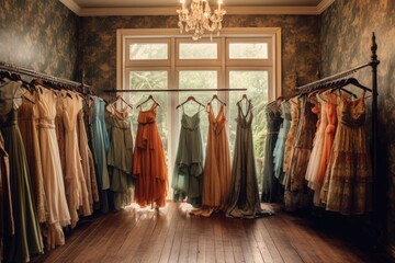 vintage dresses hanging in a boutique, created with generative ai
