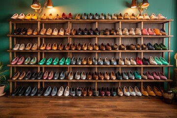 Obraz premium retro shoes neatly displayed on wooden shelves, created with generative ai