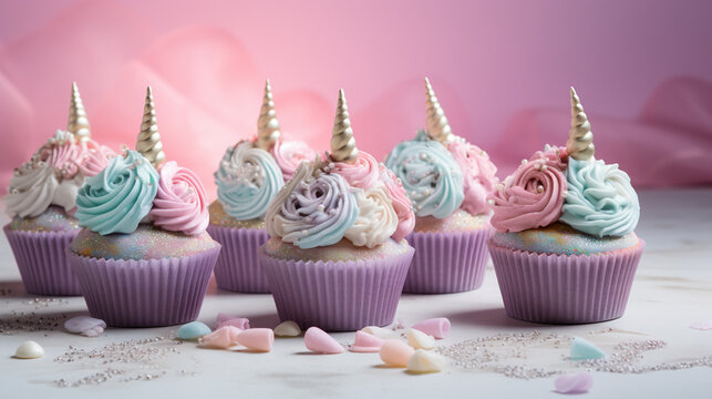 Unicorn Cupcakes - Unicorn Themed Cupcakes in Hombre Pastel Colors with Frosting and Whimsical Elements - Vintage Feminine Color Tone Background - Delicious and Fun Dessert - Generative AI