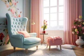 pastel-colored room with a single stylish chair, created with generative ai