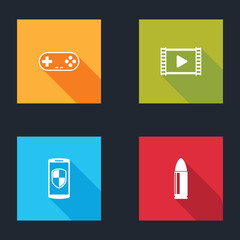 Set Gamepad, Play Video, Smartphone with shield and Bullet icon. Vector