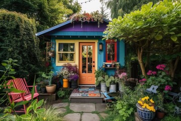 Fototapeta na wymiar tiny house in lush, colorful garden setting, created with generative ai