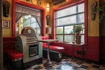 vintage diner booth with jukebox on the table, created with generative ai