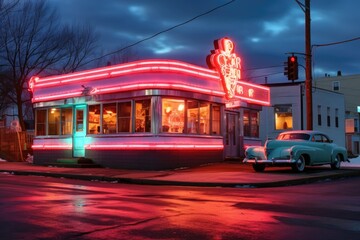 classic neon sign glowing on a vintage diner facade, created with generative ai