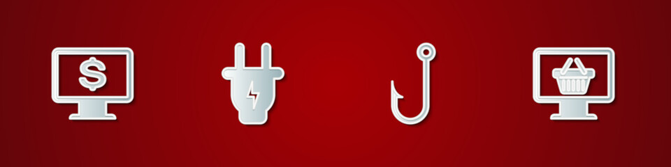 Set Monitor with dollar, Electric plug, Fishing hook and shopping basket icon. Vector