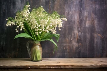 lily of the valley bouquet on a rustic wooden table, created with generative ai
