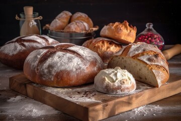 artisan breads on a wooden board with flour, created with generative ai