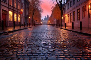 wet cobblestone street reflecting dawn light, created with generative ai