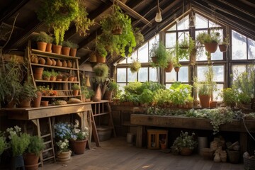 Fototapeta na wymiar rustic greenhouse with hanging baskets and vines, created with generative ai