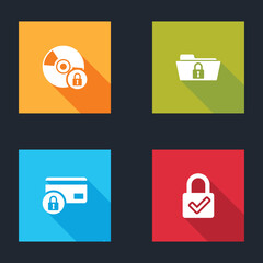 Set CD or DVD disk with lock, Folder and, Credit card and Lock check mark icon. Vector
