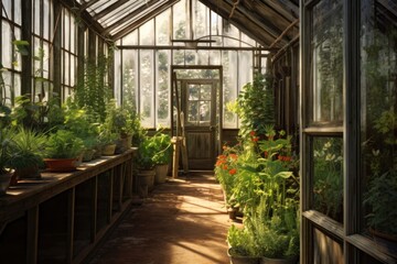 Fototapeta na wymiar greenhouse door slightly ajar, inviting exploration, created with generative ai