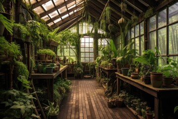 old wooden greenhouse with lush green plants inside, created with generative ai