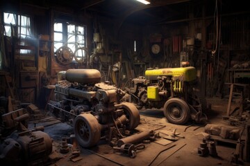 Fototapeta na wymiar dismantled tractor parts in a mechanics workshop, created with generative ai