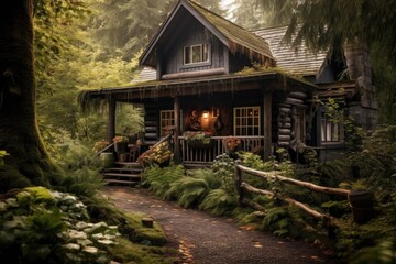 Fototapeta na wymiar cozy log cabin surrounded by lush forest, created with generative ai