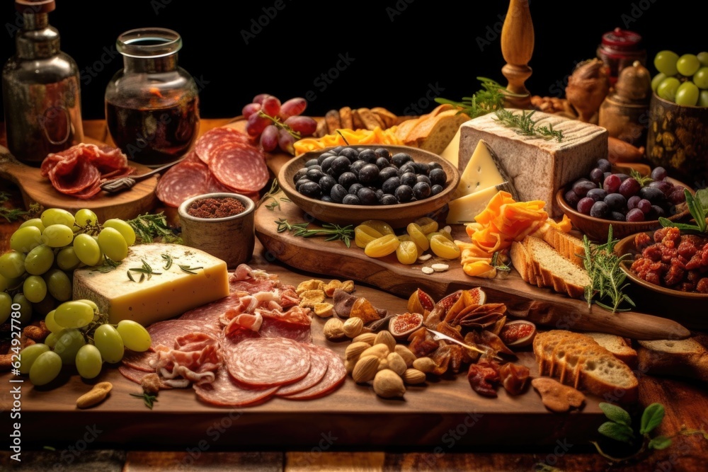 Poster rustic board with meats, nuts, and olives, created with generative ai