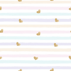 Gold glittering heart seamless pattern on childish pastel striped brush strokes background. vector grunge stripes. Abstract digital design for fashion or other surface pattern printing