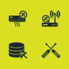 Set Air conditioner service, Crossed screwdrivers, Database server and Router wi-fi icon. Vector