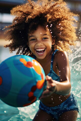 Fototapeta premium A little black girl, happy, is enjoying being on the beach
