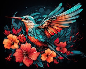 Obraz premium A colorful bird soars above a flower amidst black. (Illustration, Generative AI)