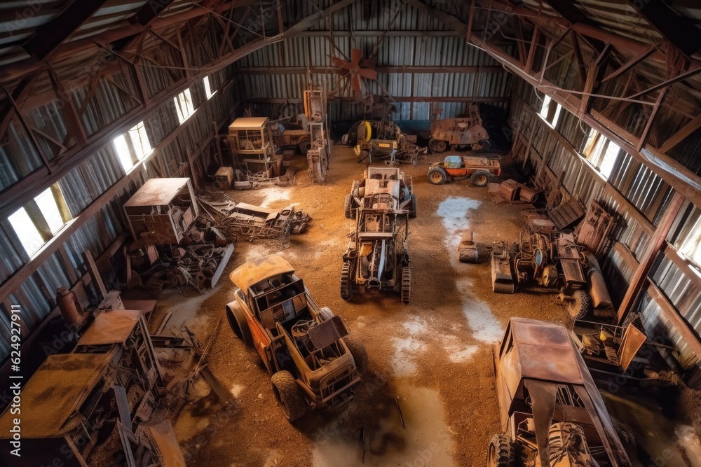 Poster aerial view of rusty farm machinery in a barn, created with generative ai