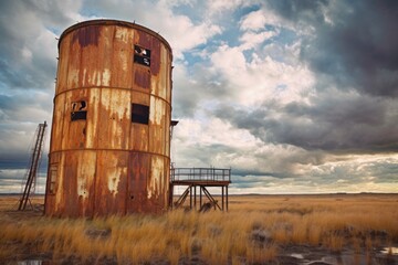 abandoned, rusted silo against cloudy sky, created with generative ai