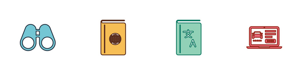 Set Binoculars, Cover book travel guide, Translator and Online car sharing icon. Vector