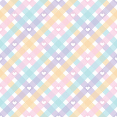 Gingham Plaids with hearts seamless pattern. Pastel tartan plaid vector background. Texture from squares for plaid, tablecloths, clothes, shirts, dresses, paper, bedding, blankets, quilts and more