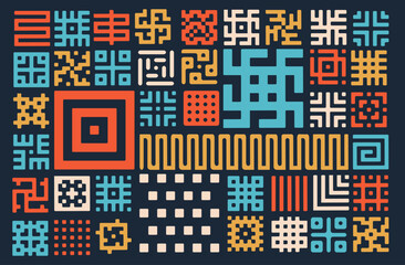 Big set with various geometric elements, patterns in eclectic style. Vector symbols