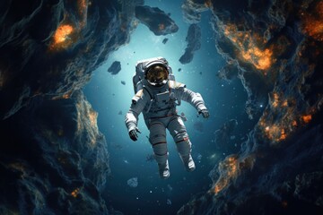 a lone astronaut floating in deep space, created with generative ai
