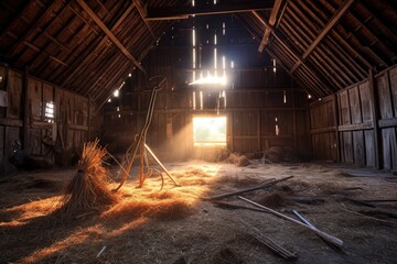 Fototapeta na wymiar rusty pitchfork on hay in dilapidated barn, created with generative ai