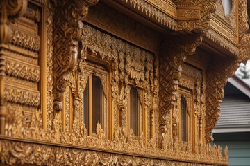 close-up of intricate wooden detailing on a house exterior, created with generative ai