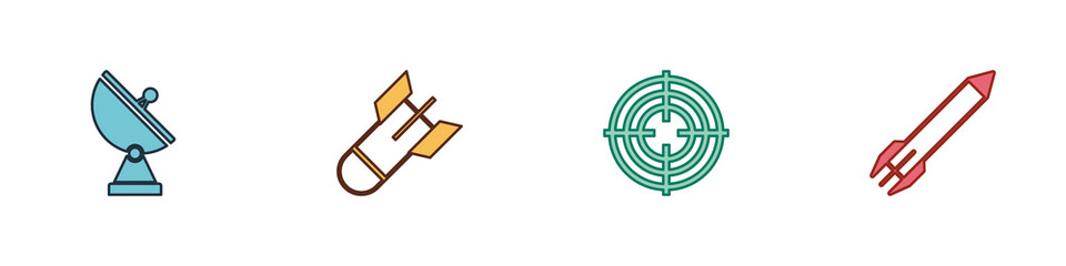 Set Radar, Aviation bomb, Target sport and Rocket icon. Vector