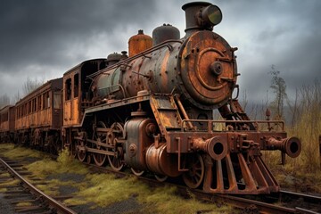 vintage steam engine covered in rust, created with generative ai