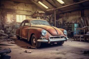 rusty vintage car in a deserted garage, created with generative ai