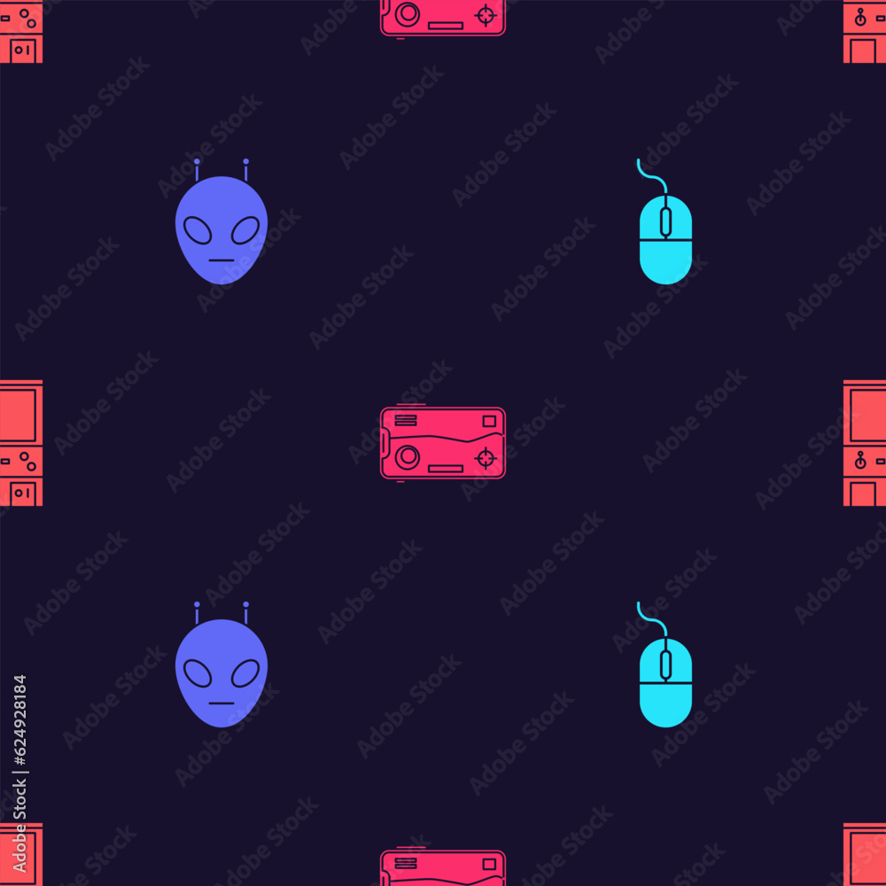 Sticker Set Computer mouse, Alien, Mobile and playing in game and Retro arcade machine on seamless pattern. Vector