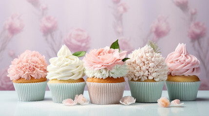 Fototapeta na wymiar Pastel Frosted Cupcakes Lined up in a Row Against a Beautiful Pastel Gradient Background with Studio Lighting and Feminine, Whimsical Aesthetic - Generative AI