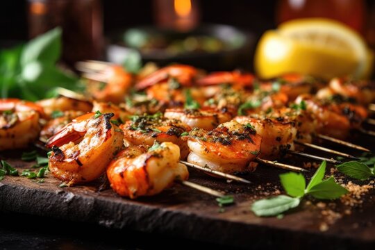 grilled shrimp skewers with herbs and spices on grill, created with generative ai