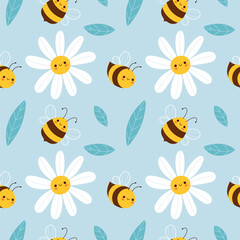 Fototapeta na wymiar Cute bees and daisies seamless pattern. Cute characters in flat cartoon style on a light blue background.
