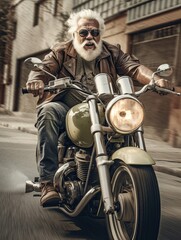 Extreme senior man on a motorcycle, white haired man riding a motorbike, cool biker grandfather on the road