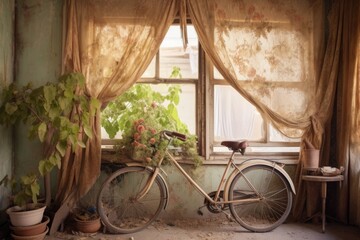 Fototapeta na wymiar vintage bicycle leaning on curtain-covered window, created with generative ai